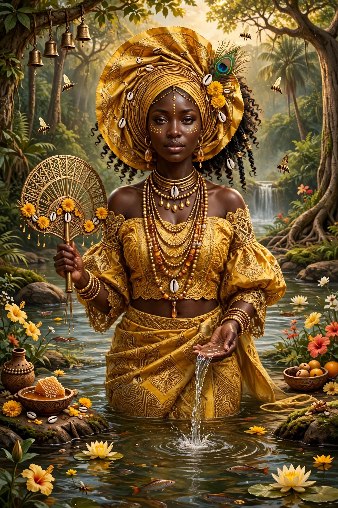 Ọ̀ṣun in golden Yoruba attire beside flowing water